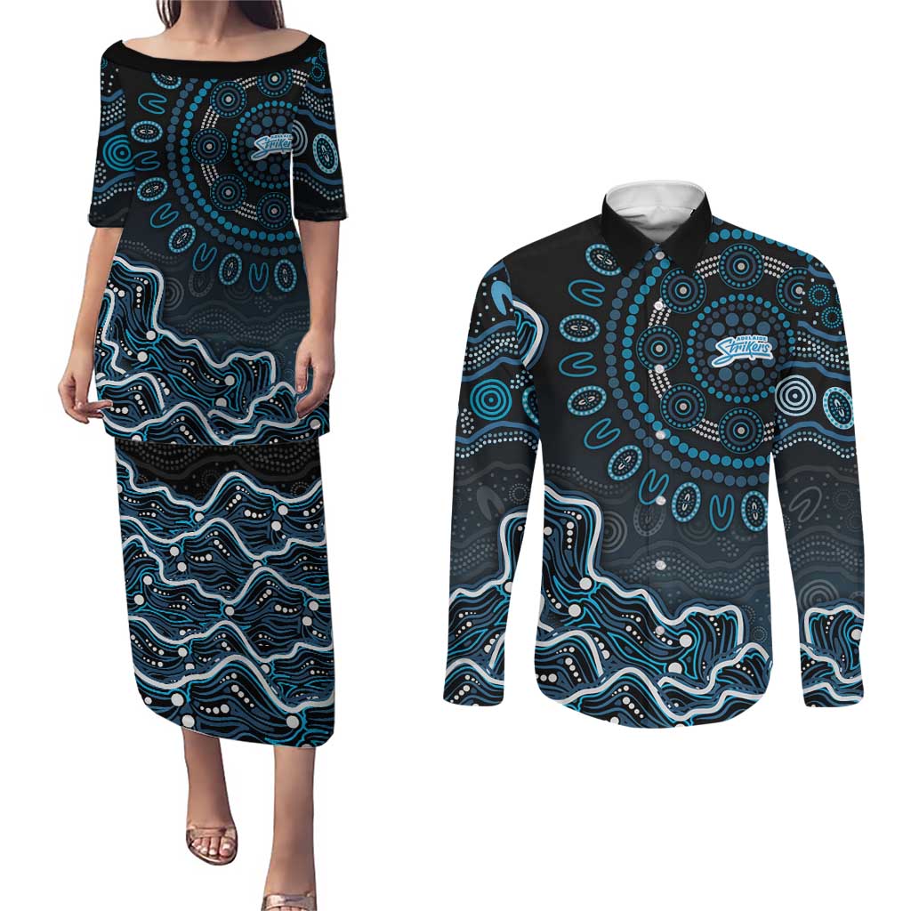 Adelaide Strikers Cricket Mascot Couples Matching Puletasi and Long Sleeve Button Shirt Aboriginal Dot Art Blue And Black Tribal Pattern