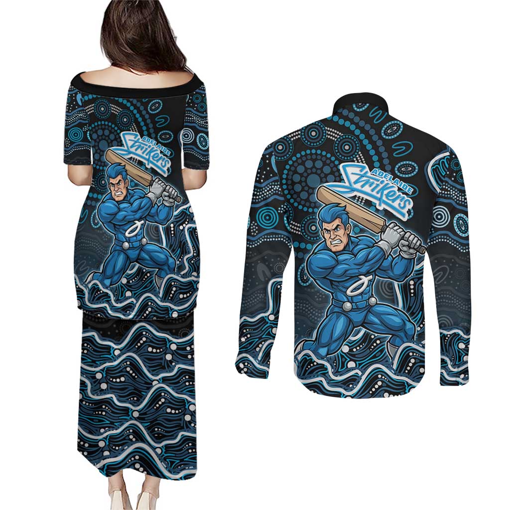 Adelaide Strikers Cricket Mascot Couples Matching Puletasi and Long Sleeve Button Shirt Aboriginal Dot Art Blue And Black Tribal Pattern