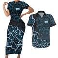 Adelaide Strikers Cricket Mascot Couples Matching Short Sleeve Bodycon Dress and Hawaiian Shirt Aboriginal Dot Art Blue And Black Tribal Pattern