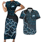Adelaide Strikers Cricket Mascot Couples Matching Short Sleeve Bodycon Dress and Hawaiian Shirt Aboriginal Dot Art Blue And Black Tribal Pattern