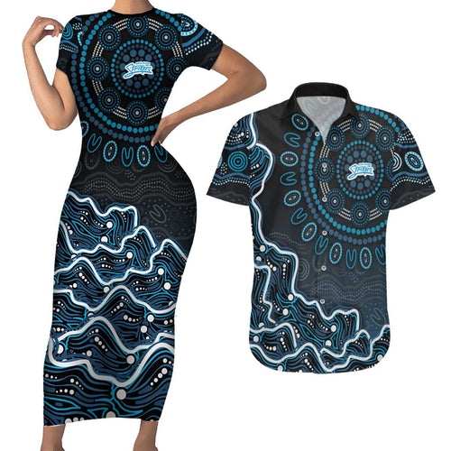 Adelaide Strikers Cricket Mascot Couples Matching Short Sleeve Bodycon Dress and Hawaiian Shirt Aboriginal Dot Art Blue And Black Tribal Pattern