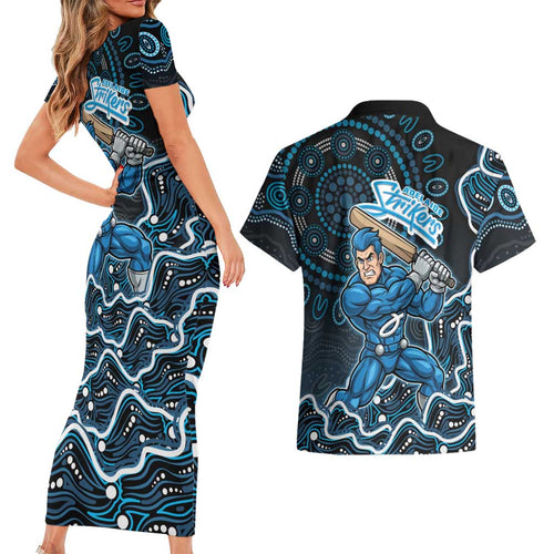 Adelaide Strikers Cricket Mascot Couples Matching Short Sleeve Bodycon Dress and Hawaiian Shirt Aboriginal Dot Art Blue And Black Tribal Pattern