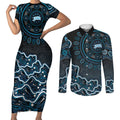 Adelaide Strikers Cricket Mascot Couples Matching Short Sleeve Bodycon Dress and Long Sleeve Button Shirt Aboriginal Dot Art Blue And Black Tribal Pattern