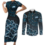 Adelaide Strikers Cricket Mascot Couples Matching Short Sleeve Bodycon Dress and Long Sleeve Button Shirt Aboriginal Dot Art Blue And Black Tribal Pattern