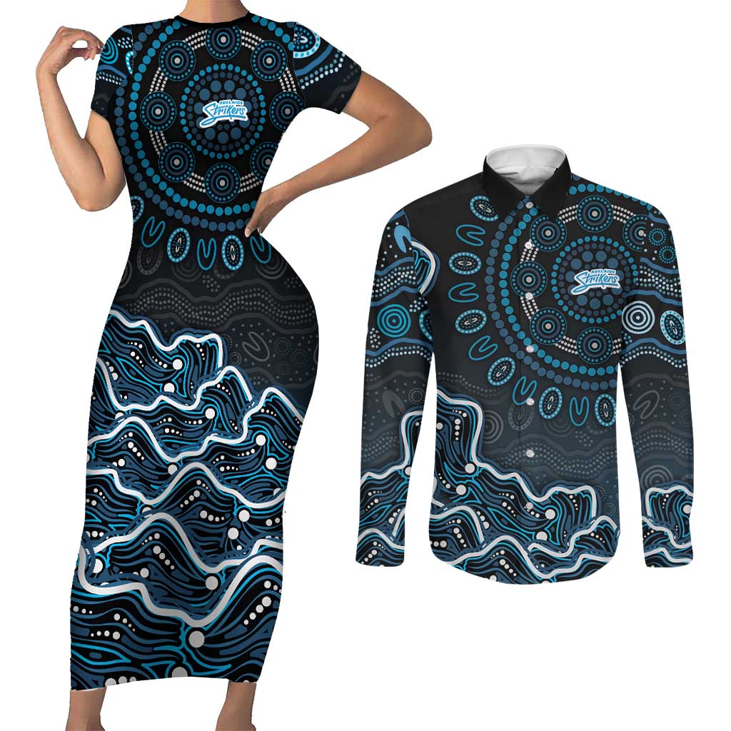 Adelaide Strikers Cricket Mascot Couples Matching Short Sleeve Bodycon Dress and Long Sleeve Button Shirt Aboriginal Dot Art Blue And Black Tribal Pattern