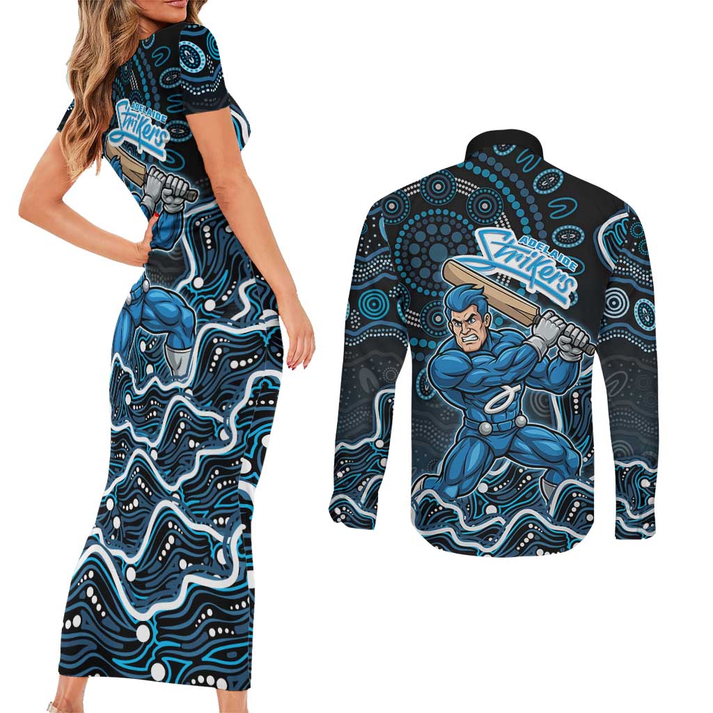 Adelaide Strikers Cricket Mascot Couples Matching Short Sleeve Bodycon Dress and Long Sleeve Button Shirt Aboriginal Dot Art Blue And Black Tribal Pattern