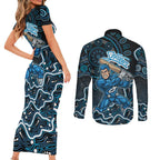 Adelaide Strikers Cricket Mascot Couples Matching Short Sleeve Bodycon Dress and Long Sleeve Button Shirt Aboriginal Dot Art Blue And Black Tribal Pattern
