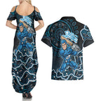 Adelaide Strikers Cricket Mascot Couples Matching Summer Maxi Dress and Hawaiian Shirt Aboriginal Dot Art Blue And Black Tribal Pattern