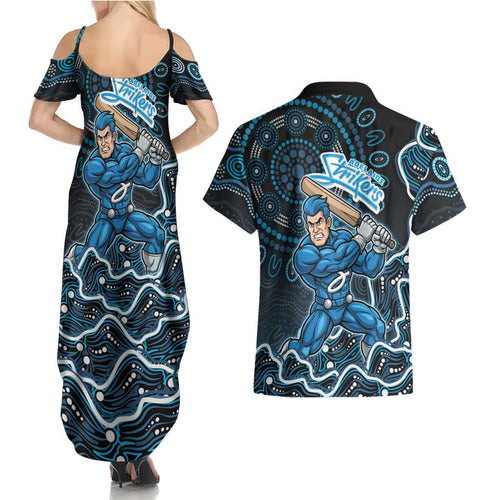 Adelaide Strikers Cricket Mascot Couples Matching Summer Maxi Dress and Hawaiian Shirt Aboriginal Dot Art Blue And Black Tribal Pattern