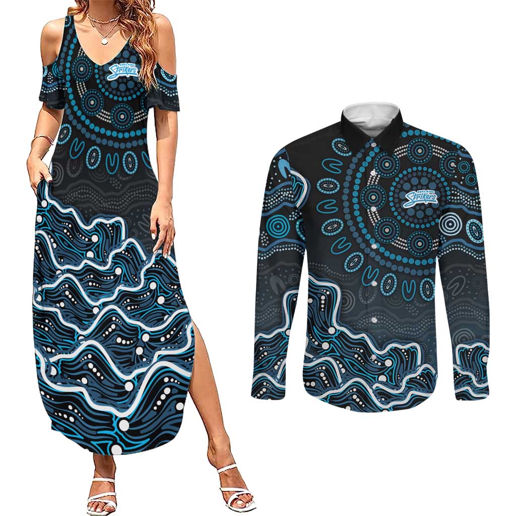 Adelaide Strikers Cricket Mascot Couples Matching Summer Maxi Dress and Long Sleeve Button Shirt Aboriginal Dot Art Blue And Black Tribal Pattern
