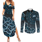 Adelaide Strikers Cricket Mascot Couples Matching Summer Maxi Dress and Long Sleeve Button Shirt Aboriginal Dot Art Blue And Black Tribal Pattern