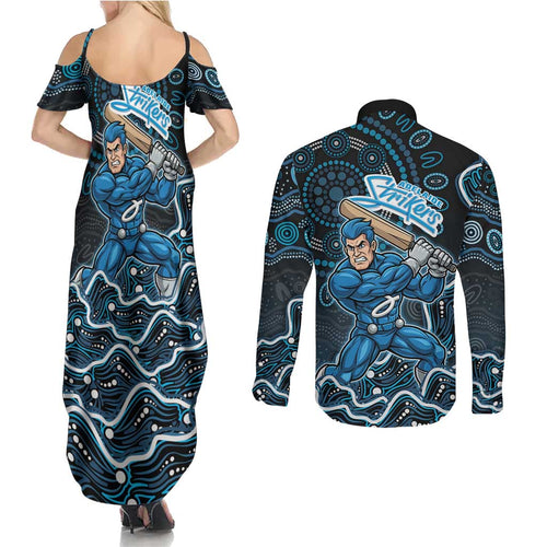 Adelaide Strikers Cricket Mascot Couples Matching Summer Maxi Dress and Long Sleeve Button Shirt Aboriginal Dot Art Blue And Black Tribal Pattern