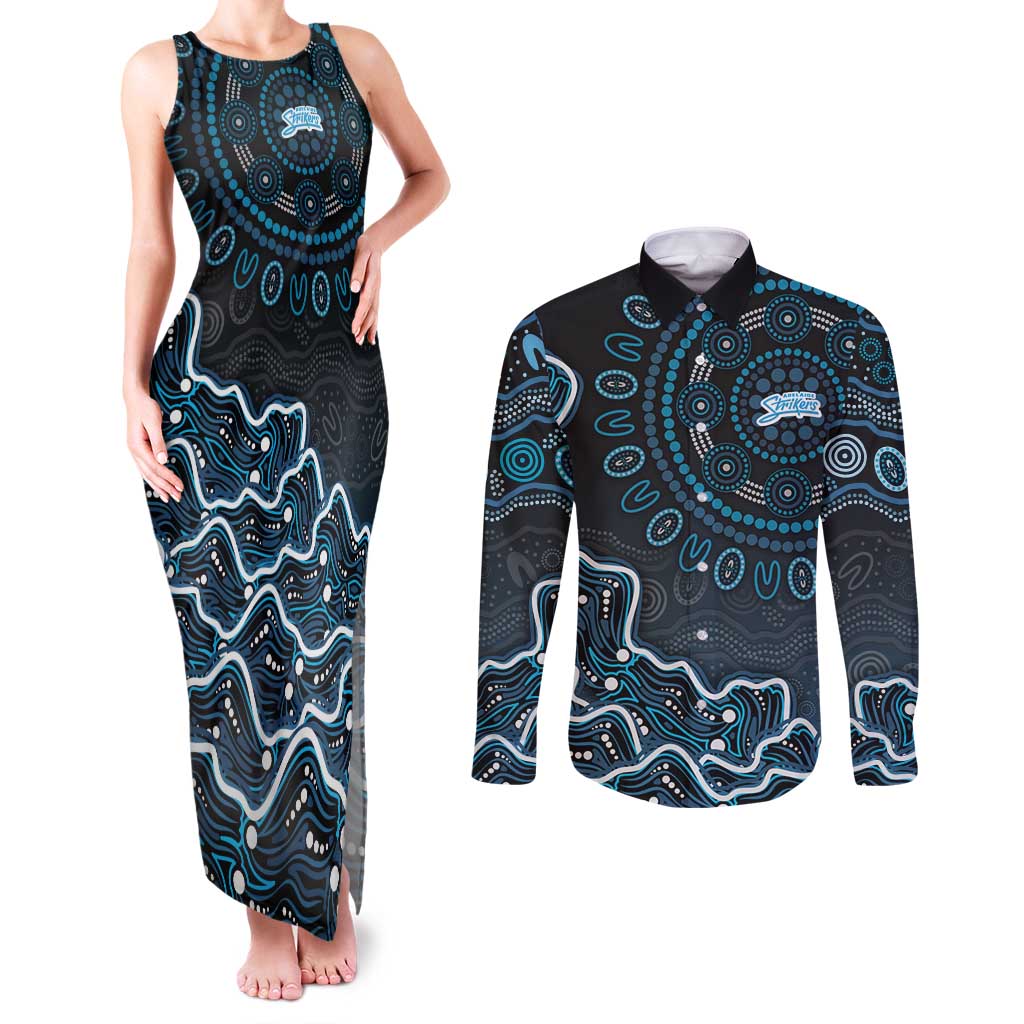 Adelaide Strikers Cricket Mascot Couples Matching Tank Maxi Dress and Long Sleeve Button Shirt Aboriginal Dot Art Blue And Black Tribal Pattern