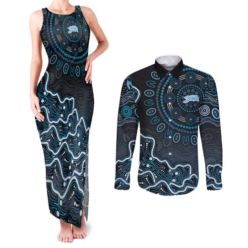Adelaide Strikers Cricket Mascot Couples Matching Tank Maxi Dress and Long Sleeve Button Shirt Aboriginal Dot Art Blue And Black Tribal Pattern