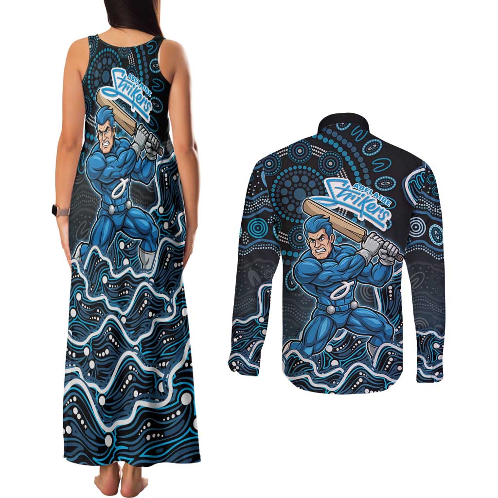 Adelaide Strikers Cricket Mascot Couples Matching Tank Maxi Dress and Long Sleeve Button Shirt Aboriginal Dot Art Blue And Black Tribal Pattern