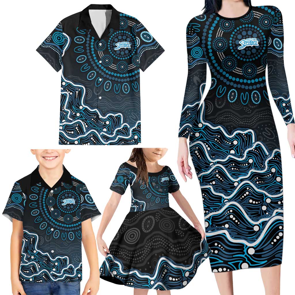Adelaide Strikers Cricket Mascot Family Matching Long Sleeve Bodycon Dress and Hawaiian Shirt Aboriginal Dot Art Blue And Black Tribal Pattern