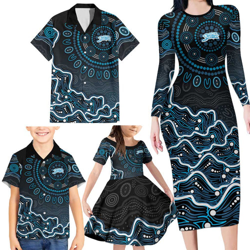 Adelaide Strikers Cricket Mascot Family Matching Long Sleeve Bodycon Dress and Hawaiian Shirt Aboriginal Dot Art Blue And Black Tribal Pattern