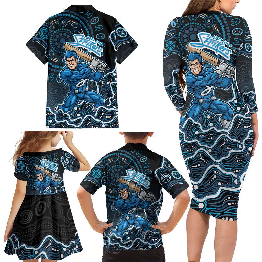 Adelaide Strikers Cricket Mascot Family Matching Long Sleeve Bodycon Dress and Hawaiian Shirt Aboriginal Dot Art Blue And Black Tribal Pattern