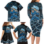 Adelaide Strikers Cricket Mascot Family Matching Long Sleeve Bodycon Dress and Hawaiian Shirt Aboriginal Dot Art Blue And Black Tribal Pattern