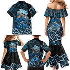 Adelaide Strikers Cricket Mascot Family Matching Mermaid Dress and Hawaiian Shirt Aboriginal Dot Art Blue And Black Tribal Pattern