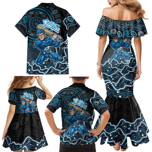 Adelaide Strikers Cricket Mascot Family Matching Mermaid Dress and Hawaiian Shirt Aboriginal Dot Art Blue And Black Tribal Pattern