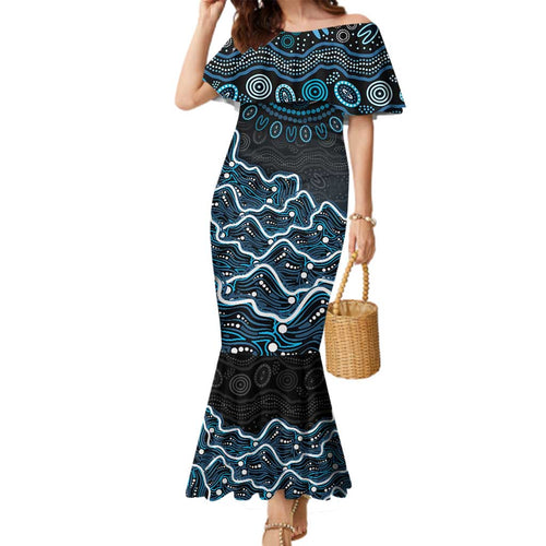 Adelaide Strikers Cricket Mascot Family Matching Mermaid Dress and Hawaiian Shirt Aboriginal Dot Art Blue And Black Tribal Pattern