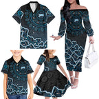 Adelaide Strikers Cricket Mascot Family Matching Off The Shoulder Long Sleeve Dress and Hawaiian Shirt Aboriginal Dot Art Blue And Black Tribal Pattern