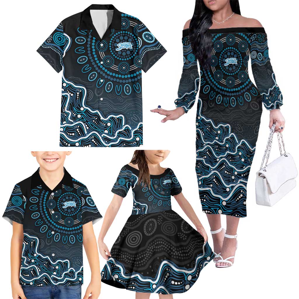 Adelaide Strikers Cricket Mascot Family Matching Off The Shoulder Long Sleeve Dress and Hawaiian Shirt Aboriginal Dot Art Blue And Black Tribal Pattern