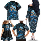 Adelaide Strikers Cricket Mascot Family Matching Off The Shoulder Long Sleeve Dress and Hawaiian Shirt Aboriginal Dot Art Blue And Black Tribal Pattern