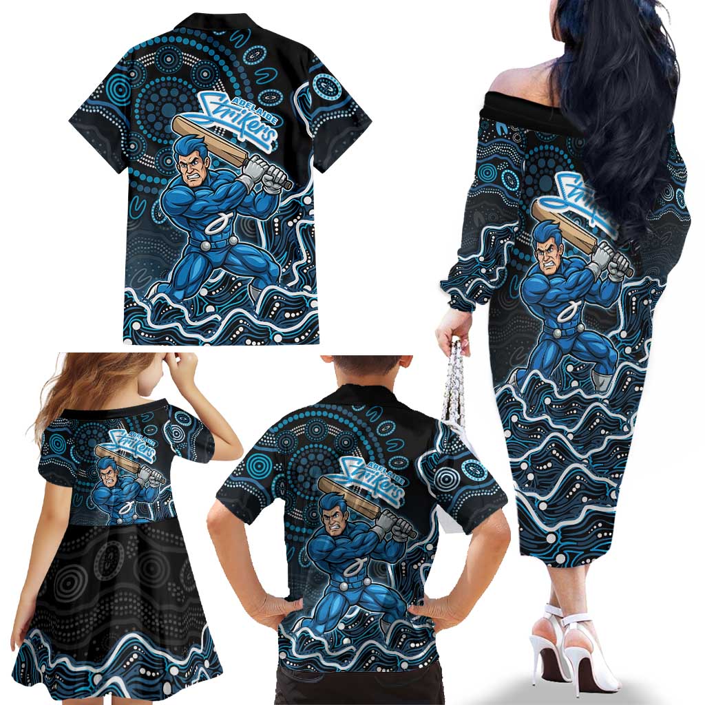 Adelaide Strikers Cricket Mascot Family Matching Off The Shoulder Long Sleeve Dress and Hawaiian Shirt Aboriginal Dot Art Blue And Black Tribal Pattern