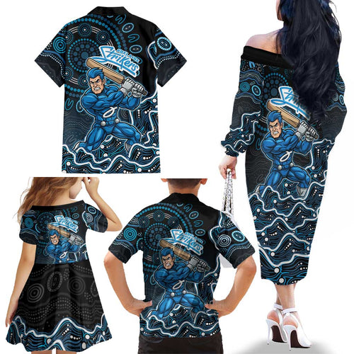 Adelaide Strikers Cricket Mascot Family Matching Off The Shoulder Long Sleeve Dress and Hawaiian Shirt Aboriginal Dot Art Blue And Black Tribal Pattern