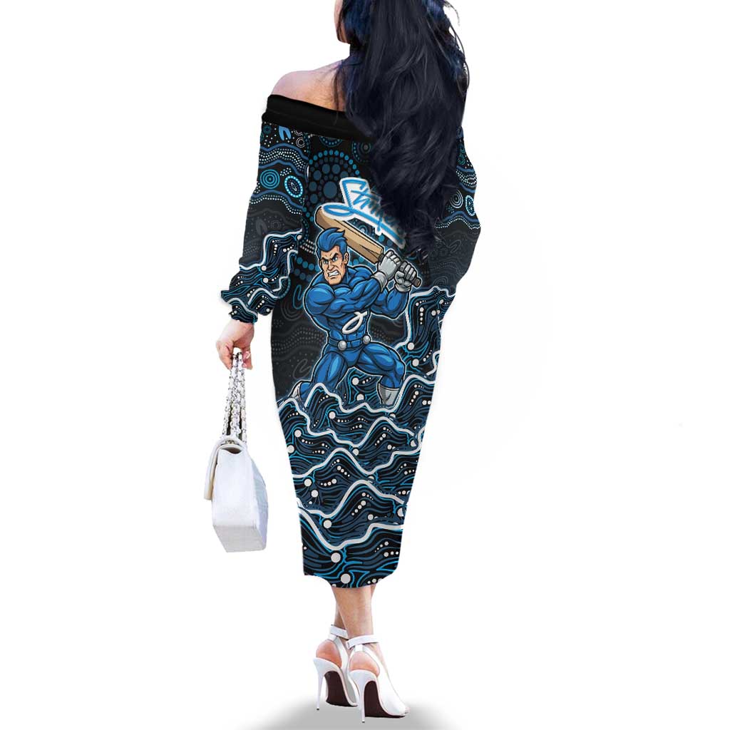 Adelaide Strikers Cricket Mascot Family Matching Off The Shoulder Long Sleeve Dress and Hawaiian Shirt Aboriginal Dot Art Blue And Black Tribal Pattern