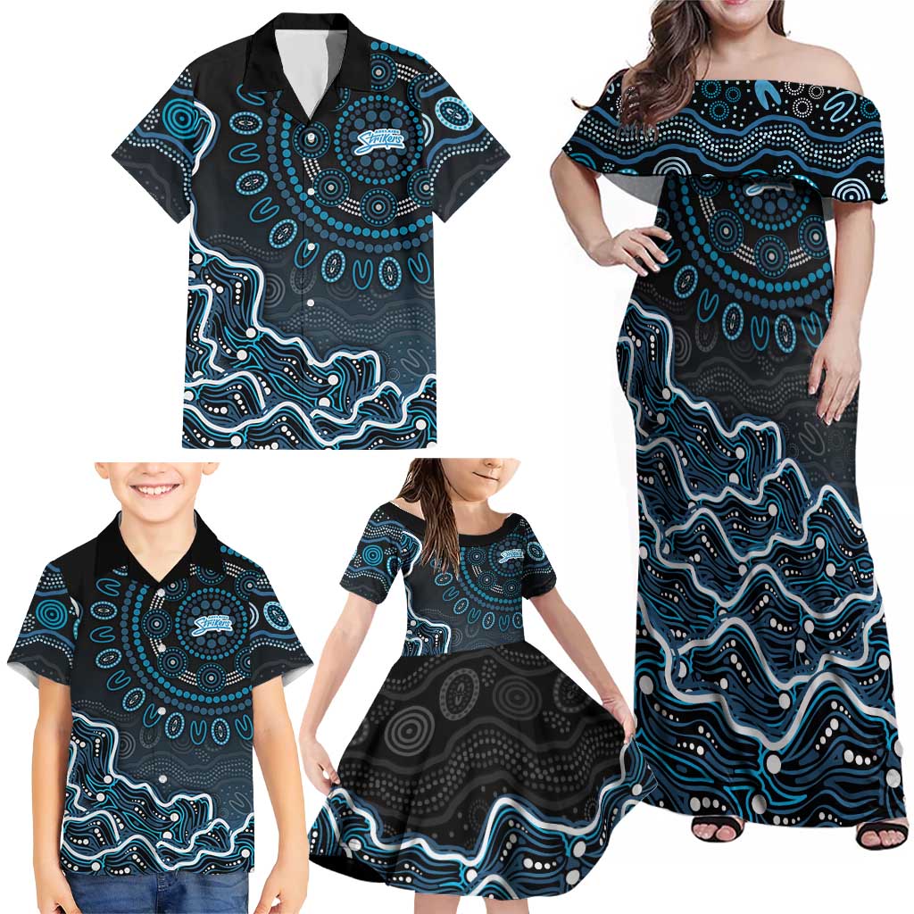 Adelaide Strikers Cricket Mascot Family Matching Off Shoulder Maxi Dress and Hawaiian Shirt Aboriginal Dot Art Blue And Black Tribal Pattern