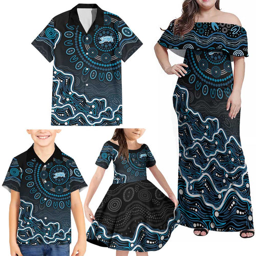 Adelaide Strikers Cricket Mascot Family Matching Off Shoulder Maxi Dress and Hawaiian Shirt Aboriginal Dot Art Blue And Black Tribal Pattern