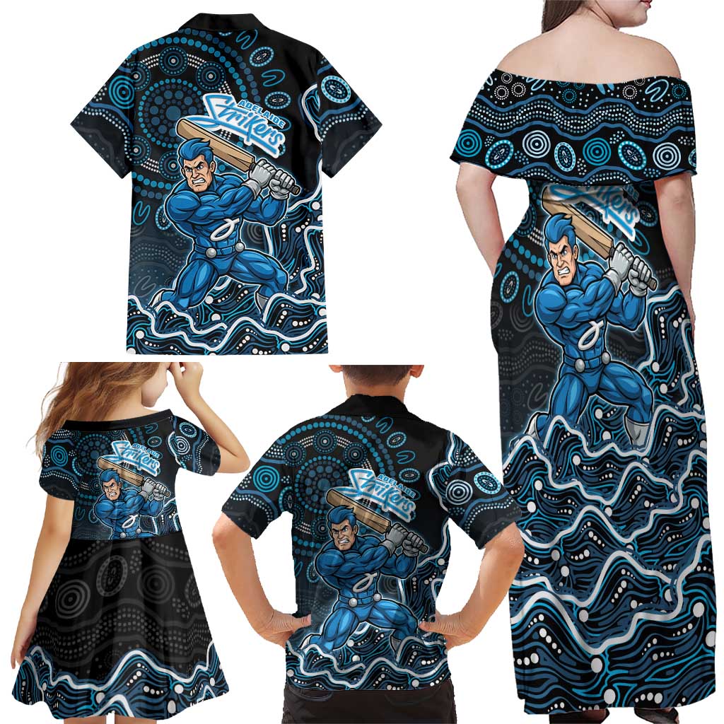 Adelaide Strikers Cricket Mascot Family Matching Off Shoulder Maxi Dress and Hawaiian Shirt Aboriginal Dot Art Blue And Black Tribal Pattern