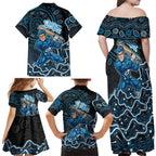 Adelaide Strikers Cricket Mascot Family Matching Off Shoulder Maxi Dress and Hawaiian Shirt Aboriginal Dot Art Blue And Black Tribal Pattern