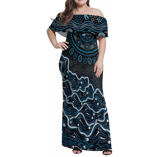 Adelaide Strikers Cricket Mascot Family Matching Off Shoulder Maxi Dress and Hawaiian Shirt Aboriginal Dot Art Blue And Black Tribal Pattern