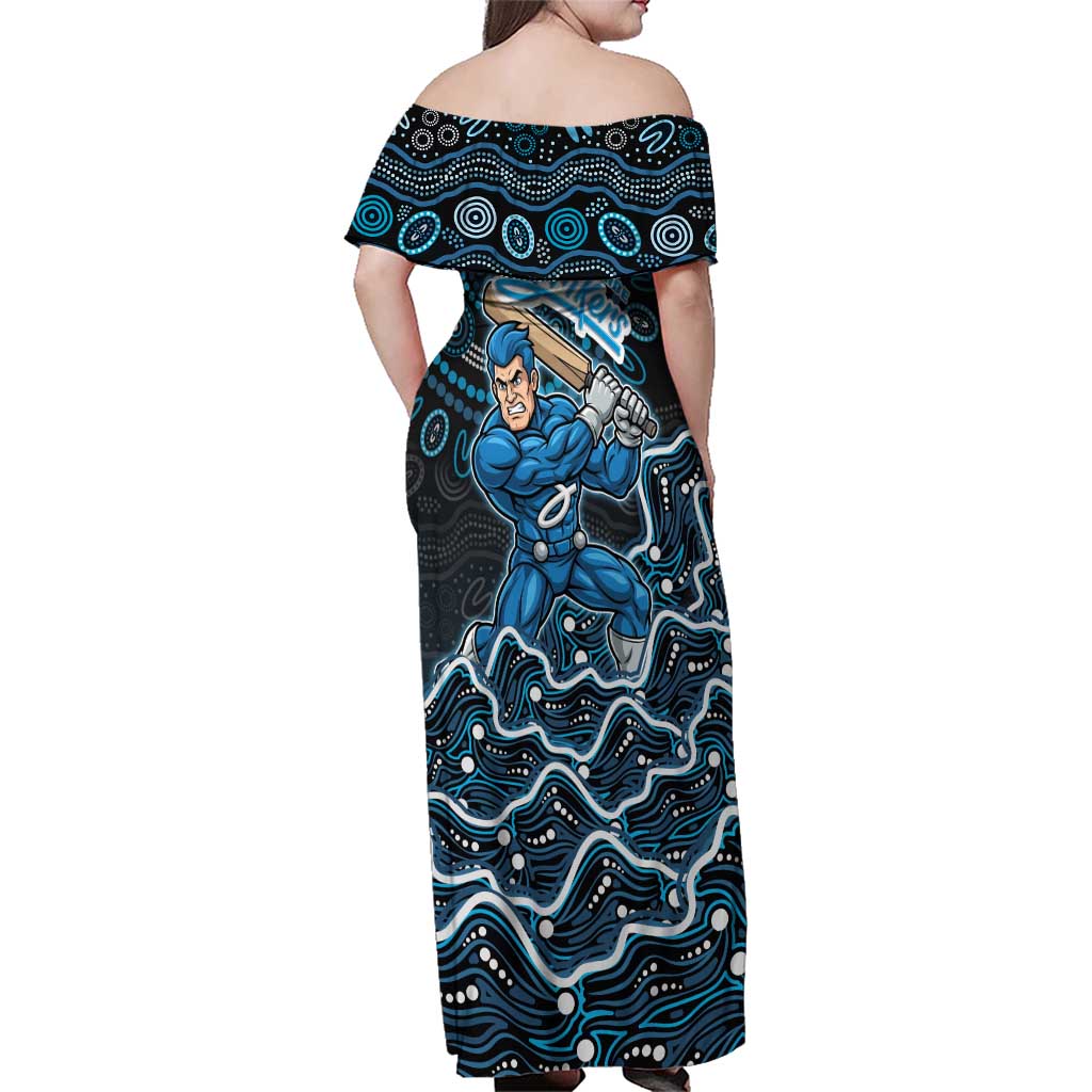 Adelaide Strikers Cricket Mascot Family Matching Off Shoulder Maxi Dress and Hawaiian Shirt Aboriginal Dot Art Blue And Black Tribal Pattern