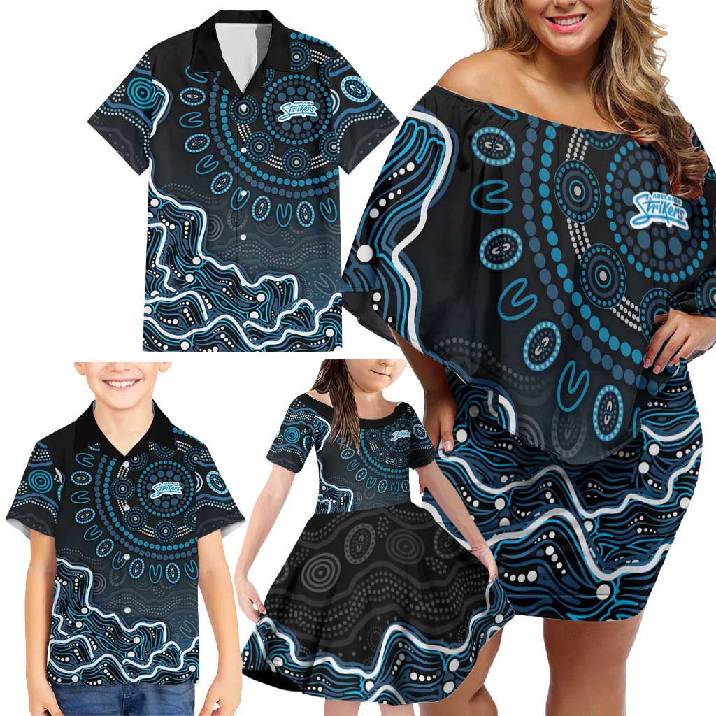 Adelaide Strikers Cricket Mascot Family Matching Off Shoulder Short Dress and Hawaiian Shirt Aboriginal Dot Art Blue And Black Tribal Pattern