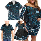 Adelaide Strikers Cricket Mascot Family Matching Off Shoulder Short Dress and Hawaiian Shirt Aboriginal Dot Art Blue And Black Tribal Pattern