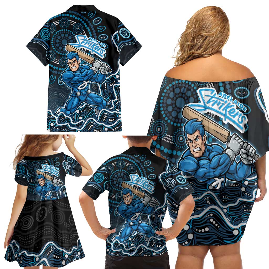 Adelaide Strikers Cricket Mascot Family Matching Off Shoulder Short Dress and Hawaiian Shirt Aboriginal Dot Art Blue And Black Tribal Pattern