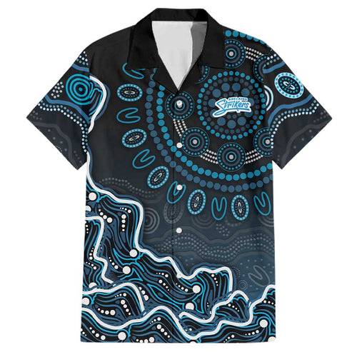 Adelaide Strikers Cricket Mascot Family Matching Off Shoulder Short Dress and Hawaiian Shirt Aboriginal Dot Art Blue And Black Tribal Pattern