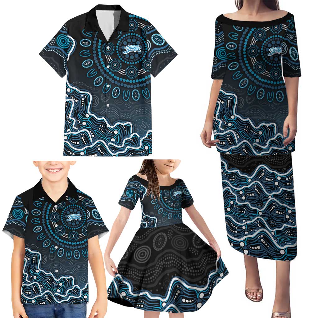 Adelaide Strikers Cricket Mascot Family Matching Puletasi and Hawaiian Shirt Aboriginal Dot Art Blue And Black Tribal Pattern