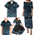 Adelaide Strikers Cricket Mascot Family Matching Puletasi and Hawaiian Shirt Aboriginal Dot Art Blue And Black Tribal Pattern