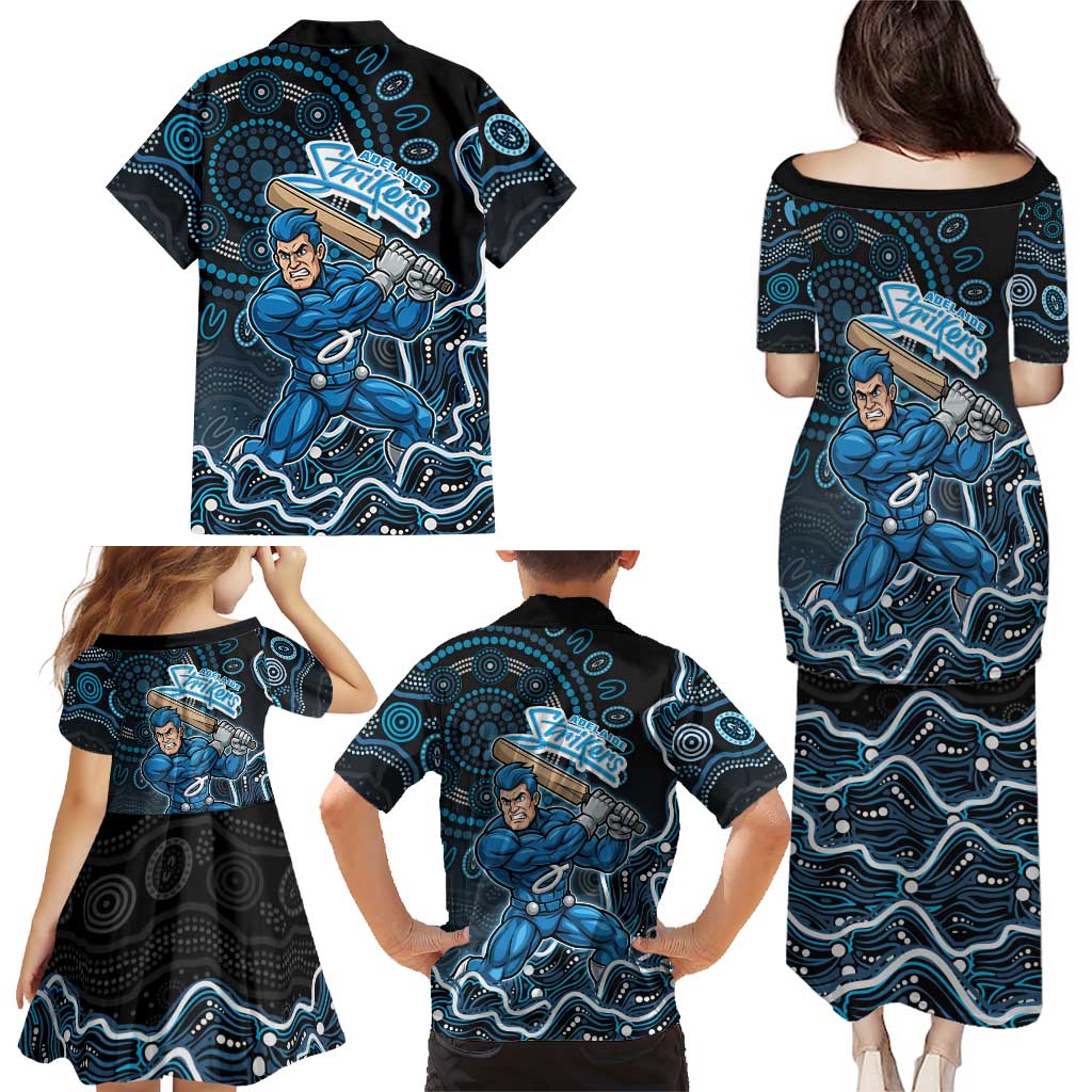 Adelaide Strikers Cricket Mascot Family Matching Puletasi and Hawaiian Shirt Aboriginal Dot Art Blue And Black Tribal Pattern