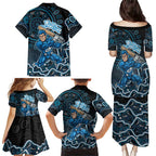 Adelaide Strikers Cricket Mascot Family Matching Puletasi and Hawaiian Shirt Aboriginal Dot Art Blue And Black Tribal Pattern