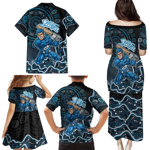 Adelaide Strikers Cricket Mascot Family Matching Puletasi and Hawaiian Shirt Aboriginal Dot Art Blue And Black Tribal Pattern