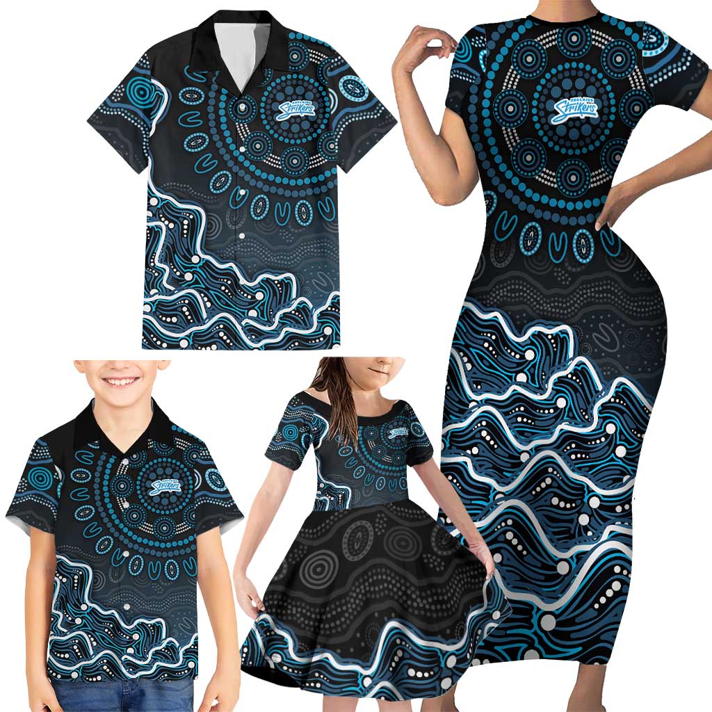 Adelaide Strikers Cricket Mascot Family Matching Short Sleeve Bodycon Dress and Hawaiian Shirt Aboriginal Dot Art Blue And Black Tribal Pattern
