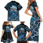 Adelaide Strikers Cricket Mascot Family Matching Short Sleeve Bodycon Dress and Hawaiian Shirt Aboriginal Dot Art Blue And Black Tribal Pattern