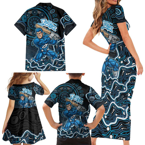 Adelaide Strikers Cricket Mascot Family Matching Short Sleeve Bodycon Dress and Hawaiian Shirt Aboriginal Dot Art Blue And Black Tribal Pattern